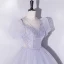 Chic / Beautiful Sky Blue Beading Sequins Prom Dresses 2022 Ball Gown Scoop Neck Short Sleeve Puffy Backless Floor-Length / Long Prom Formal Dresses