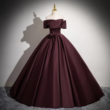 Vintage Originale Bordeaux Satin Robe De Bal 2024 Robe Boule De L Épaule Manches Courtes Dos Nu Longue Promo Robe De Ceremonie
