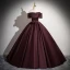 Vintage / Retro Burgundy Satin Prom Dresses 2024 Ball Gown Off-The-Shoulder Short Sleeve Backless Floor-Length / Long Prom Formal Dresses