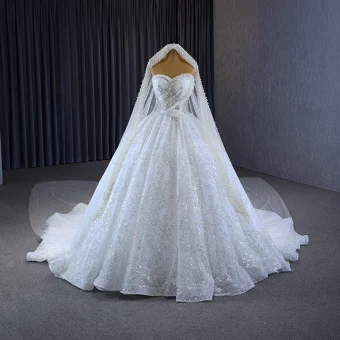 Luxe Blanche Fait Main Perlage Perle Paillettes Robe De Mariée 2023 Robe Boule Bustier Sans Manches Dos Nu Chapel Train Mariage