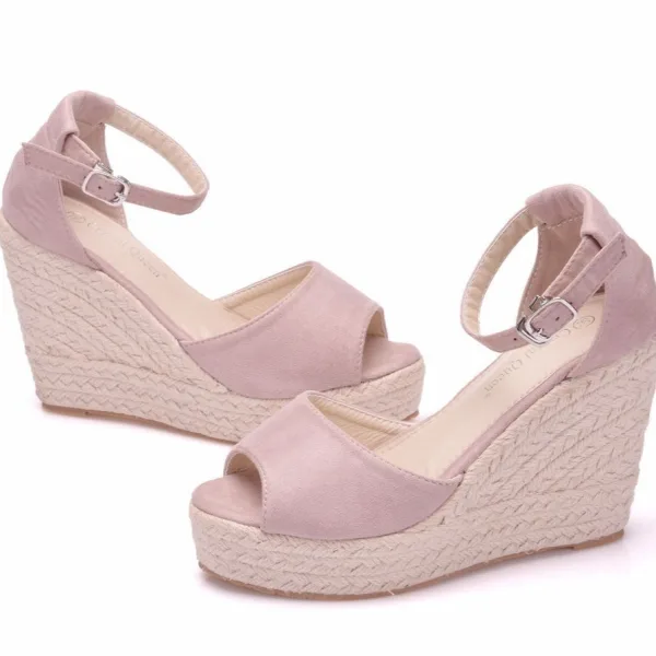 Schöne Orange Strassenmode Strand Flechten Sandalen Damen 2025 Knöchelriemen 10 cm Keilabsatz Peeptoes Sandaletten