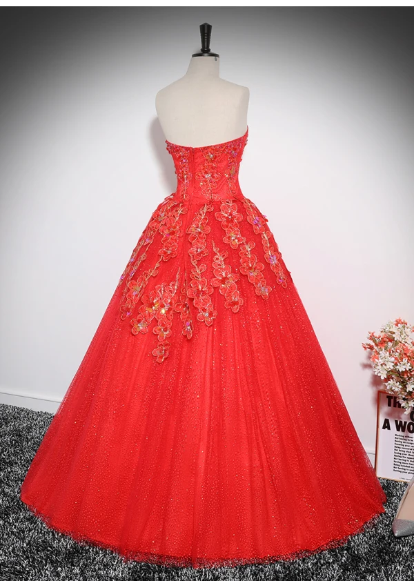 Chic / Beautiful Red Flower Sequins Prom Dresses 2024 Ball Gown Strapless Sleeveless Backless Floor-Length / Long Prom Formal Dresses