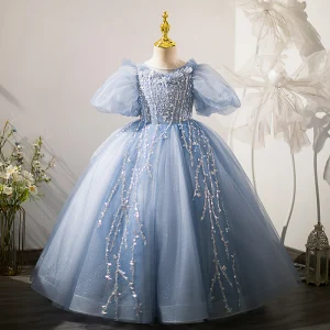 Chic Beautiful Sky Blue Beading Sequins Lace Flower Birthday Flower Girl Dresses 2022 Ball Gown Scoop Neck Puffy Short Sleeve Backless Floor Length Long Bow Flower Girl Dresses