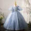 Chic / Beautiful Sky Blue Beading Sequins Lace Flower Birthday Flower Girl Dresses 2022 Ball Gown Scoop Neck Puffy Short Sleeve Backless Floor-Length / Long Bow Flower Girl Dresses