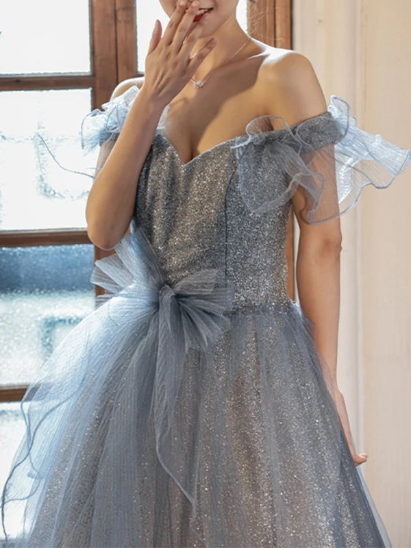 Glitzernden Charmant Himmelblau Pailletten Abendkleider 2023 A Linie Off Shoulder Schleife Kurze Ärmel Rückenfreies Lange Abend Festliche Kleider