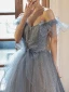 Glitzernden Charmant Himmelblau Pailletten Abendkleider 2023 A Linie Off Shoulder Schleife Kurze Ärmel Rückenfreies Lange Abend Festliche Kleider