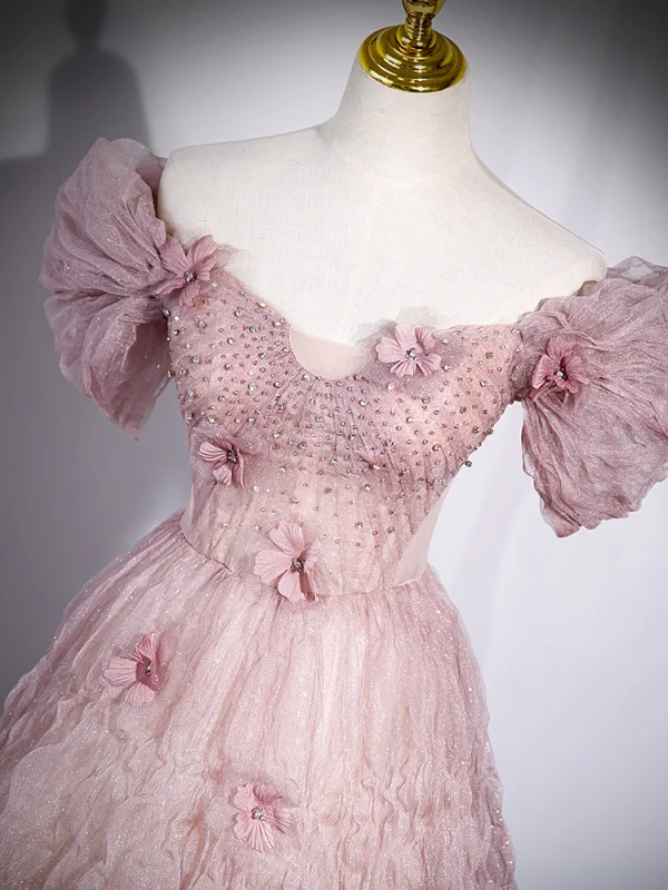 Chic / Belle Rougissant Rose Glitter Paillettes Robe De Bal 2023 Princesse De l'épaule Faux Diamant Appliques Manches Courtes Dos Nu Longue Promo Robe De Ceremonie