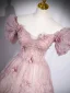 Chic / Belle Rougissant Rose Glitter Paillettes Robe De Bal 2023 Princesse De l'épaule Faux Diamant Appliques Manches Courtes Dos Nu Longue Promo Robe De Ceremonie