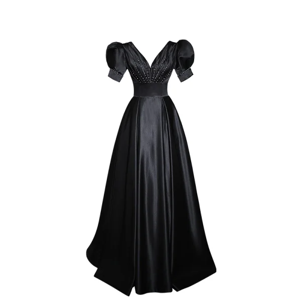 Vintage / Retro Black Satin Evening Dresses 2023 A-Line / Princess V-Neck Puffy Short Sleeve Backless Floor-Length / Long Evening Party Formal Dresses