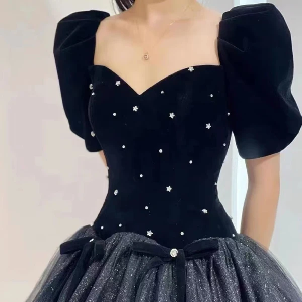 Bling Bling Bleu Marine Daim Étoile Paillettes Robe De Soirée 2023 Robe Boule Encolure Carrée Noeud Gonflée Manches Courtes Dos Nu Longue Soirée Robe De Ceremonie