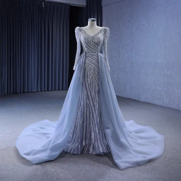 High End Vintage Grå Beading Paljetter Aftonklänningar 2023 Trumpet Sjöjungfru V Hals Långärmad Afton Domstol Tåg Formella Klänningar