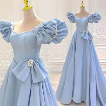 Elegant Sky Blue Prom Dresses 2023 A Line Princess Square Neckline Puffy Short Sleeve Backless Sweep Train Prom Formal Dresses