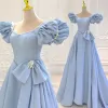 Elegant Sky Blue Prom Dresses 2023 A-Line / Princess Square Neckline Puffy Short Sleeve Backless Sweep Train Prom Formal Dresses