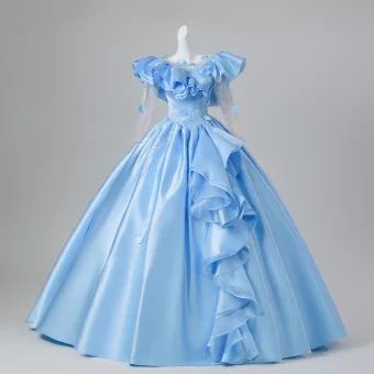 Elegante Himmelblau Perlenstickerei Pailletten Spitze Blumen Ballkleider 2026 Ballkleid Rundhalsausschnitt 3 4 Ärmel Rückenfreies Lange Festliche Kleider