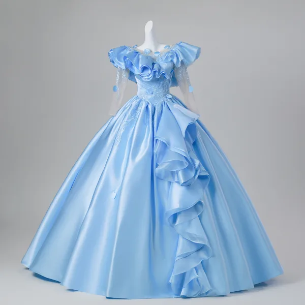 Ethereal Sky Blue Beading Sequins Appliques Satin Prom Dresses 2026 Ball Gown Scoop Neck 3/4 Sleeve Backless