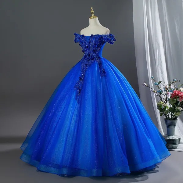 Vintage Königliches Blau Perlenstickerei Applikationen Ballkleider 2026 Ballkleid Off Shoulder Kurze Ärmel Rückenfreies Lange Festliche Kleider