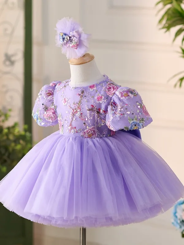 Chic / Belle Lavande Perlage Paillettes En Dentelle Fleur Courte Anniversaire Robe Ceremonie Fille Robe Boule 2024 Encolure Dégagée Noeud Manches Courtes