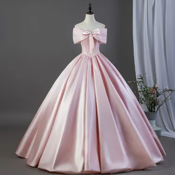Lovely Blushing Pink Bow Satin Prom Dresses 2026 Ball Gown Off The Shoulder Short Sleeve Backless