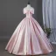 Lovely Blushing Pink Bow Satin Prom Dresses 2026 Ball Gown Off-The-Shoulder Short Sleeve Backless