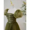 Modest / Simple Clover Green Sequins Prom Dresses 2022 A-Line / Princess Square Neckline Puffy Short Sleeve Backless Floor-Length / Long Prom Formal Dresses