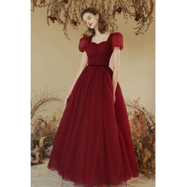 Modest / Simple Burgundy Beading Formal Dresses 2022 A-Line / Princess Square Neckline Puffy Short Sleeve Backless Floor-Length / Long Prom Prom Dresses