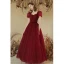 Modest / Simple Burgundy Beading Formal Dresses 2022 A-Line / Princess Square Neckline Puffy Short Sleeve Backless Floor-Length / Long Prom Prom Dresses