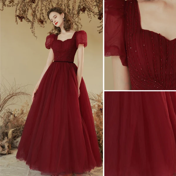 Modest / Simple Burgundy Beading Formal Dresses 2022 A-Line / Princess Square Neckline Puffy Short Sleeve Backless Floor-Length / Long Prom Prom Dresses