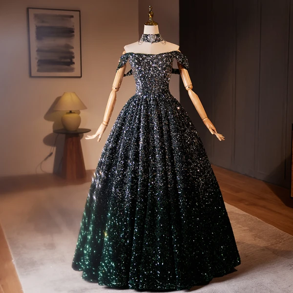 Sparkly Black Gradient-Color Sequins Prom Dresses 2024 Ball Gown  Off-The-Shoulder Sleeveless Backless Floor-Length / Long Prom Formal Dresses