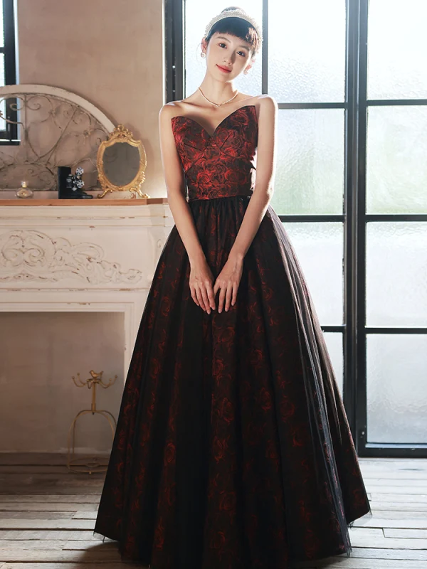 Vintage / Retro Burgundy Printing Prom Dresses 2022 A-Line / Princess Strapless Sleeveless Backless Floor-Length / Long Formal Dresses