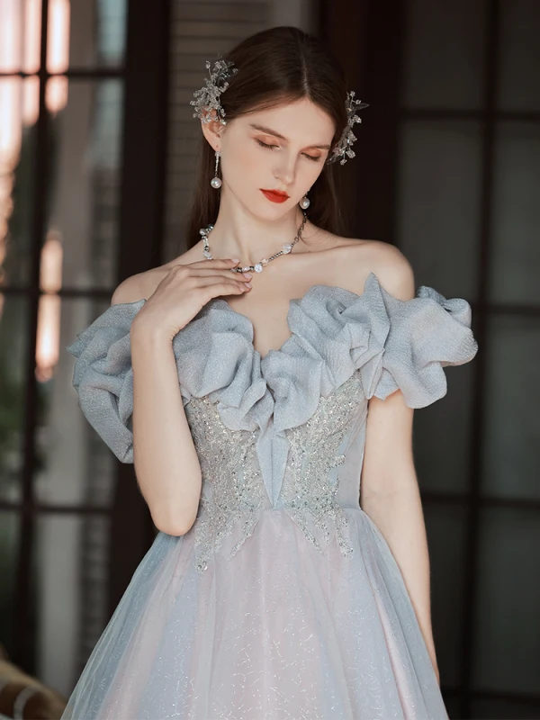 Chic / Belle Gris Paillettes Robe De Bal 2022 Princesse De l'épaule Volants Manches Courtes Dos Nu Longue Promo Robe De Ceremonie