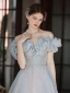 Chic / Belle Gris Paillettes Robe De Bal 2022 Princesse De l'épaule Volants Manches Courtes Dos Nu Longue Promo Robe De Ceremonie