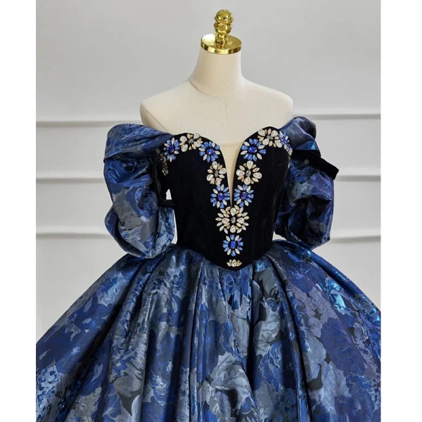 Elegant Ocean Blue Winter Printing Prom Dresses 2023 Ball Gown Off-The-Shoulder Rhinestone Short Sleeve Backless Floor-Length / Long Prom Formal Dresses
