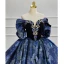 Elegant Ocean Blue Winter Printing Prom Dresses 2023 Ball Gown Off-The-Shoulder Rhinestone Short Sleeve Backless Floor-Length / Long Prom Formal Dresses