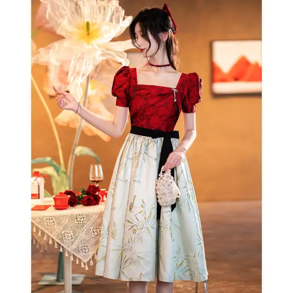 Chic / Belle Bordeaux Robe De Soirée 2022 Princesse Encolure Carrée Manches Courtes Dos Nu Noeud Ceinture Perle Thé Longueur Robe De Ceremonie