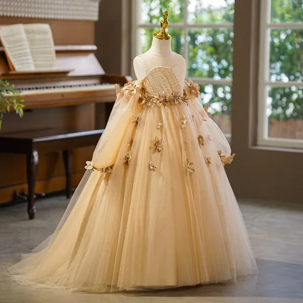 Chic / Beautiful Champagne Pearl Appliques Birthday Flower Girl Dresses 2025 Ball Gown Scoop Neck 3/4 Sleeve Backless Sweep Train