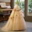 Chic / Beautiful Champagne Pearl Appliques Birthday Flower Girl Dresses 2025 Ball Gown Scoop Neck 3/4 Sleeve Backless Sweep Train