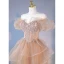 Charmant Champagne Perlage Paillettes Volants en Cascade Robe De Soirée 2022 Princesse De l'épaule Dos Nu Manches Courtes Longue Soirée Robe De Ceremonie