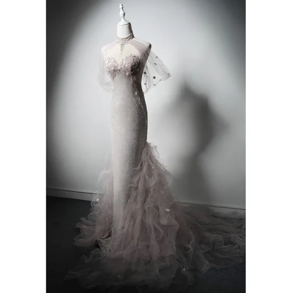 Haut de Gamme Rougissant Rose Perlage Faux Diamant Paillettes Robe De Soirée 2024 Trompette / Sirène Titulaire Sans Manches Dos Nu Train De Balayage Soirée Robe De Ceremonie
