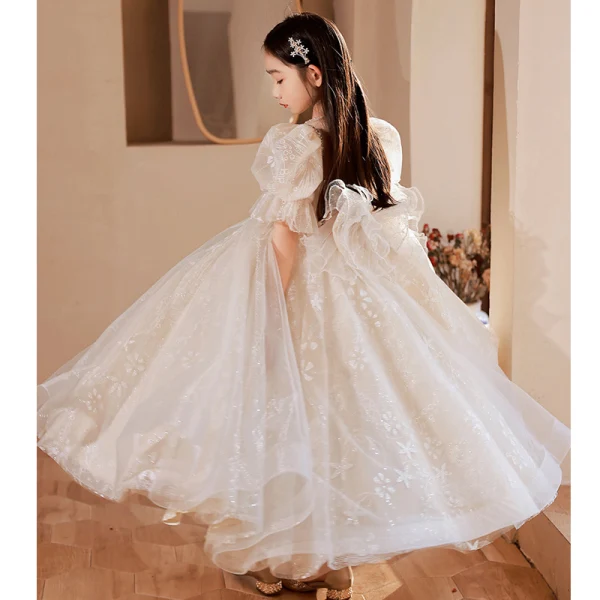 Charming Champagne Beading Sequins Birthday Flower Girl Dresses 2022 Ball Gown Scoop Neck Short Sleeve Backless Bow Floor-Length / Long Flower Girl Dresses