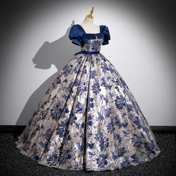 Vintage / Retro Ocean Blue Printing Prom Dresses 2023 Ball Gown Square Neckline Puffy Short Sleeve Backless Bow Sash Floor-Length / Long Prom Formal Dresses