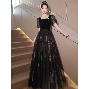 Chic Belle Noire Perlage Perle Paillettes Robe De Soirée 2023 Princesse Encolure Carrée Manches Courtes Dos Nu Longue Soirée Robe De Ceremonie