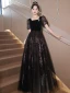 Chic / Beautiful Black Evening Dresses 2023 A-Line / Princess Square Neckline Pearl Rhinestone Short Sleeve Backless Floor-Length / Long Evening Party Formal Dresses