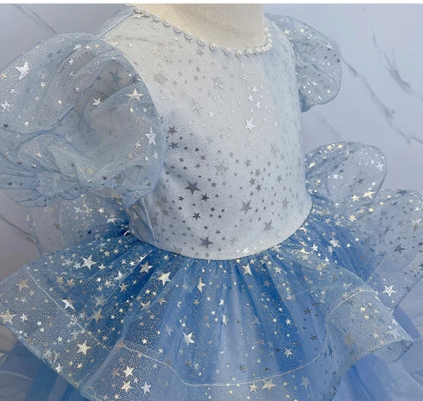 Fashion Sky Blue Star Sequins Cascading Ruffles Birthday Flower Girl Dresses 2022 Ball Gown Scoop Neck Puffy Short Sleeve Floor-Length / Long Flower Girl Dresses