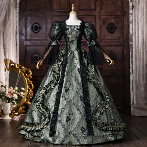 Middelalder Vintage Mørk Grønn Beading Appliques Printing Ballkjoler 2026 Ballkjole Firkantet Hals Bell Ermer Lange Formelle Kjoler