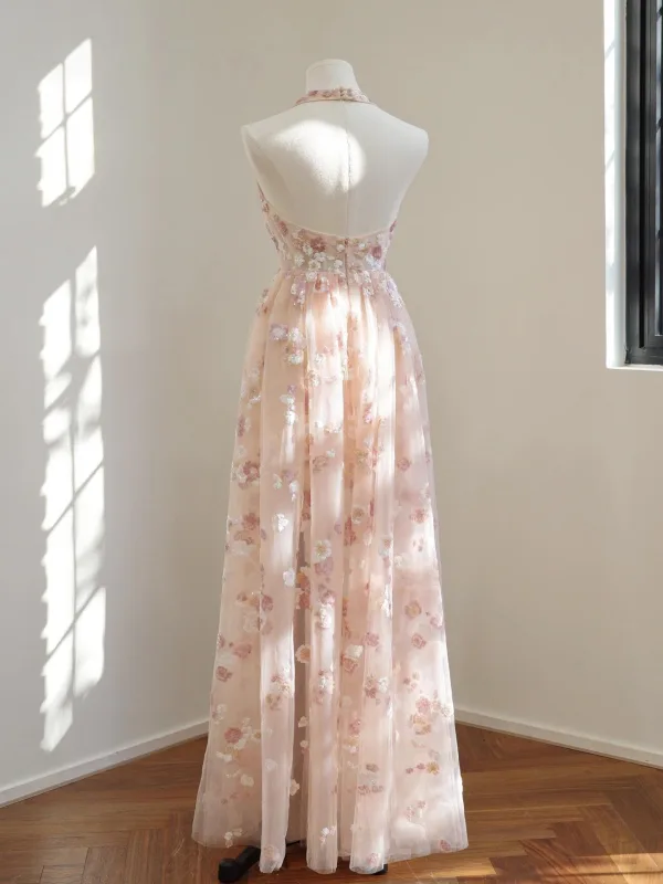 Chic / Beautiful Blushing Pink Floral Prom Dresses 2025 A-Line / Princess Halter Sleeveless Backless Floor-Length / Long Formal Dresses