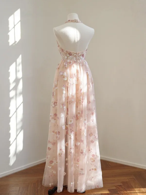 Sexy Rosa Pailletten Abendkleider 2026 A Linie Neckholder Ärmellos Rückenfreies Lange Festliche Kleider