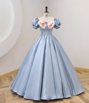 Mode Bleu Ciel Robe De Bal 2022 Robe Boule Encolure Dégagée Noeud Gonflée Manches Courtes Dos Nu Longue Promo Robe De Ceremonie