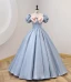 Fashion Sky Blue Prom Dresses 2022 Ball Gown Scoop Neck Bow Puffy Short Sleeve Backless Floor-Length / Long Prom Formal Dresses