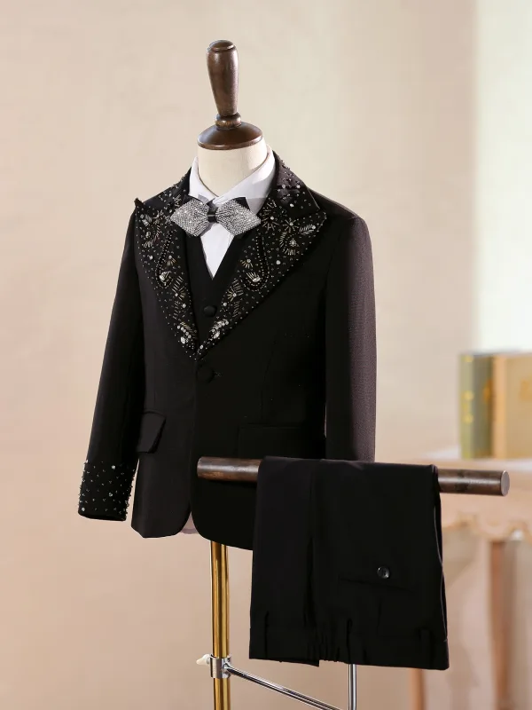 Fashion Black Beading Rhinestone 5-piece Long Sleeve Boys Wedding Suits 2025 Coat Pants Shirt Tie Vest