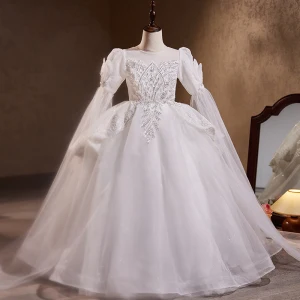 Chic Beautiful White Beading Pearl Sequins Birthday Flower Girl Dresses 2023 Ball Gown Scoop Neck Long Sleeve Floor Length Long Flower Girl Dresses